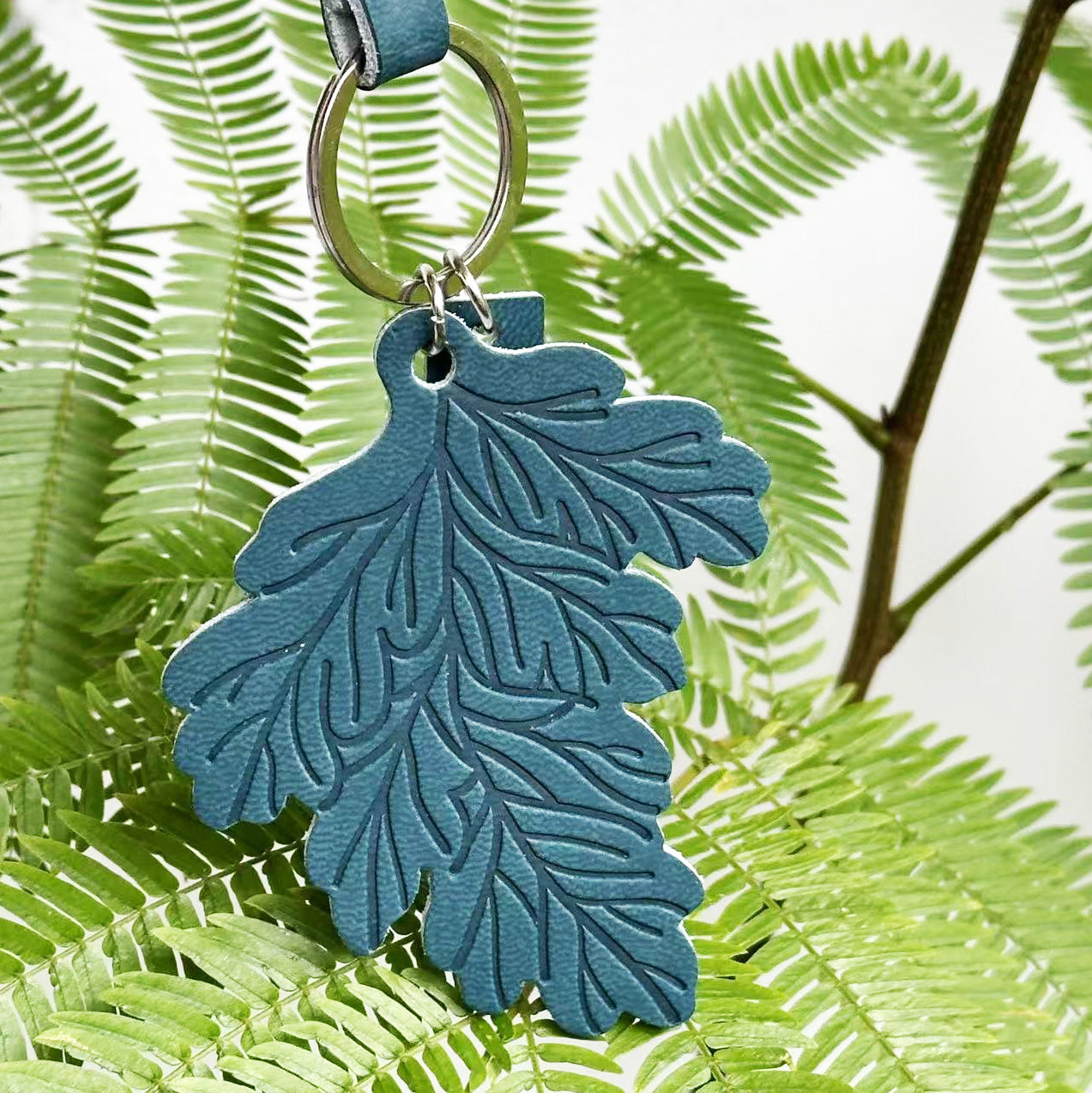 Fern Embossed Leather Keychain - Rabbit Foot Fern